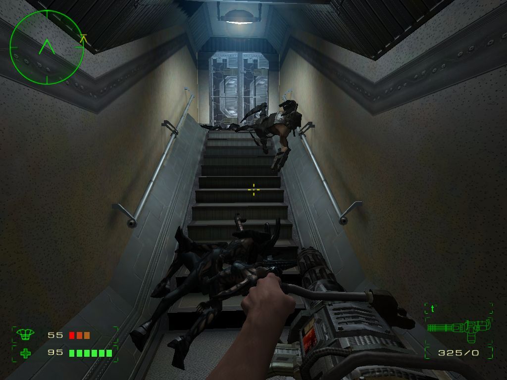 Operation: Matriarchy (Windows) screenshot: A perforated spider droid tumbles down the stairs.