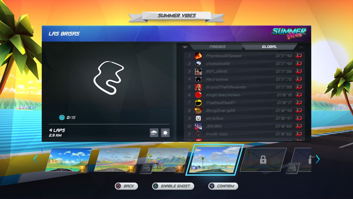 Horizon Chase Turbo: Summer Vibes (PlayStation 4) screenshot: Las Brisas track info