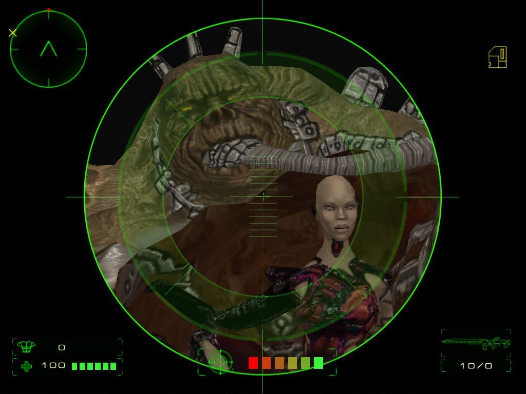 Operation: Matriarchy (Windows) screenshot: What the...! This particular mutation consists of a 'male' outer shell, with a 'female' controller riding in its stomach. Shoot it, shoot it now!