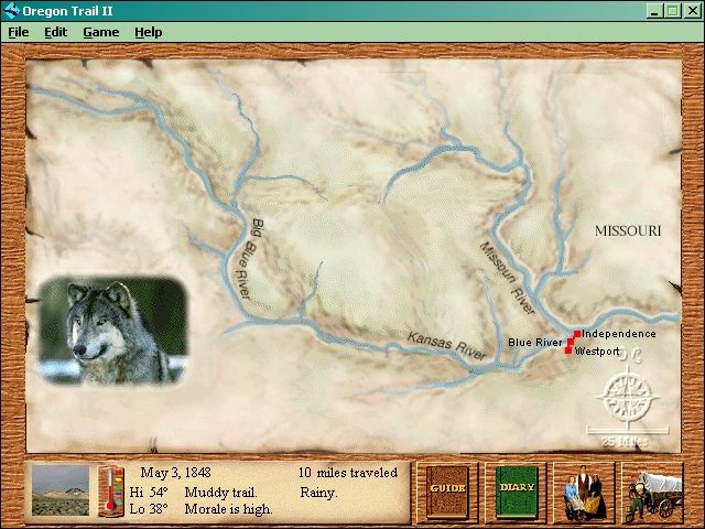 Oregon Trail II (Windows) screenshot: Traveling map