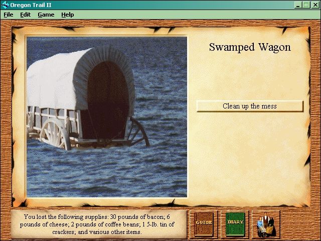 Oregon Trail II (Windows) screenshot: Swamped wagon