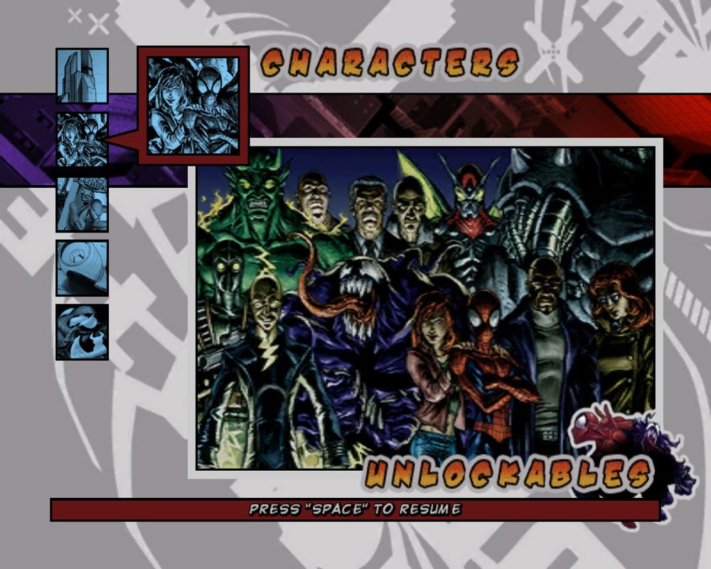 Ultimate Spider-Man (Windows) screenshot: Unlockables menu