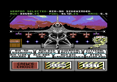 F-16 Combat Pilot (Commodore 64) screenshot: Arming your F-16