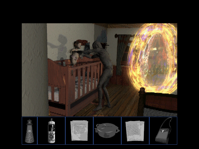 Lighthouse: The Dark Being (DOS) screenshot: Evil monster kidnapping the <moby game="Bioshock">little sister</moby>.