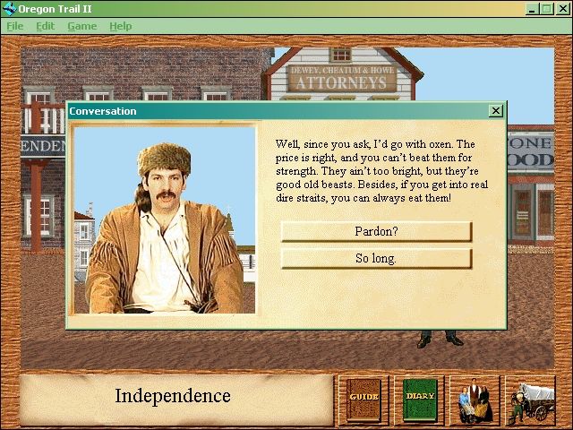 Oregon Trail II (Windows) screenshot: Taking to a citizen.