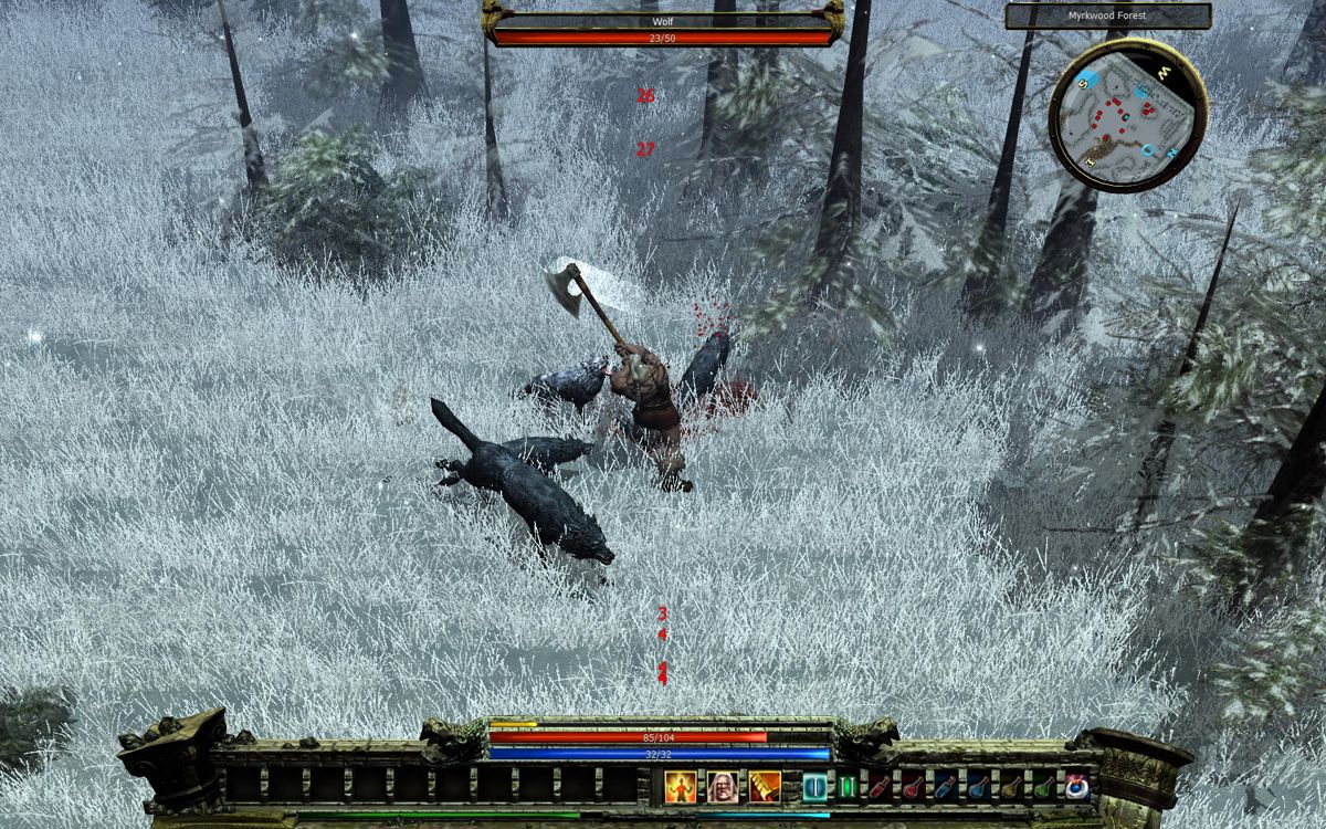Loki: Heroes of Mythology (Windows) screenshot: Engaged in battle with wolves.