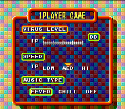 Tetris & Dr. Mario (SNES) screenshot: 1-Player Game setup screen: change the virus level, fall speed and your favorite music.
