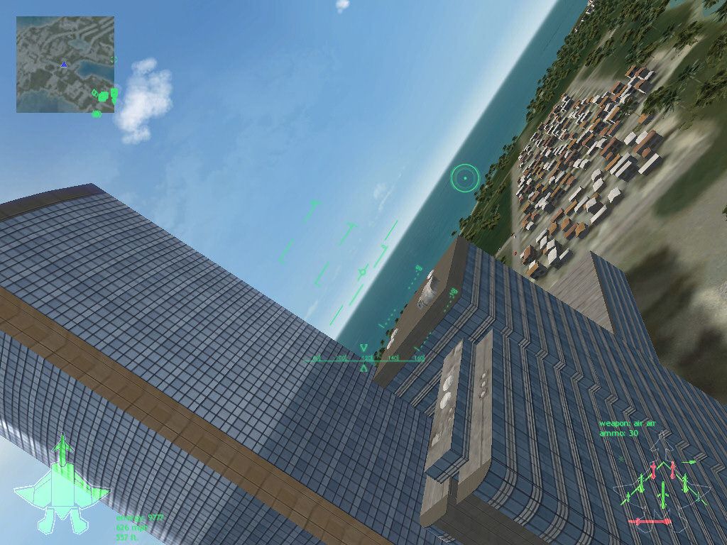 JetFighter 2015 (Windows) screenshot: trying not to hit the building