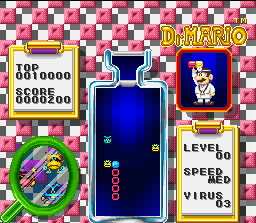 Tetris & Dr. Mario (SNES) screenshot: Clearing a row of Red capsule parts (with 1 Red Virus included in the "package").