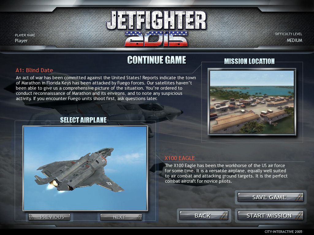 JetFighter 2015 (Windows) screenshot: briefing for the first mission