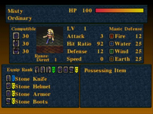 Kartia: The Word of Fate (PlayStation) screenshot: Viewing an enemy's stats.