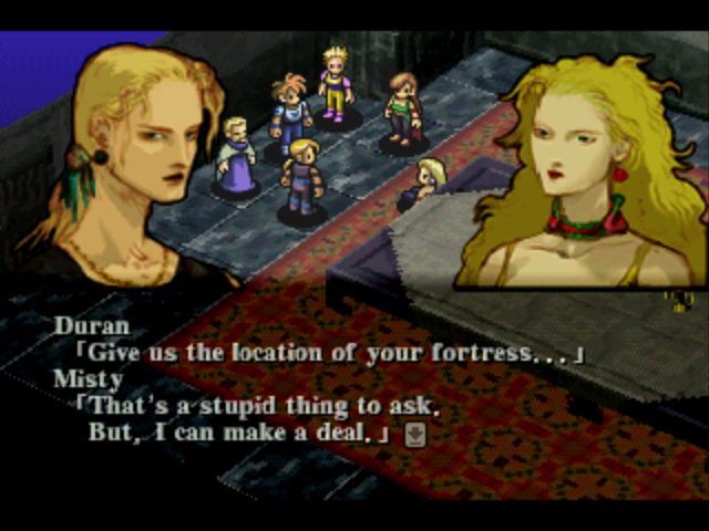 Kartia: The Word of Fate (PlayStation) screenshot: Interrogating Misty.