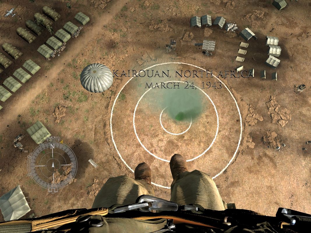 Medal of Honor: Airborne (Windows) screenshot: Land near the green smoke grenade to get full points.