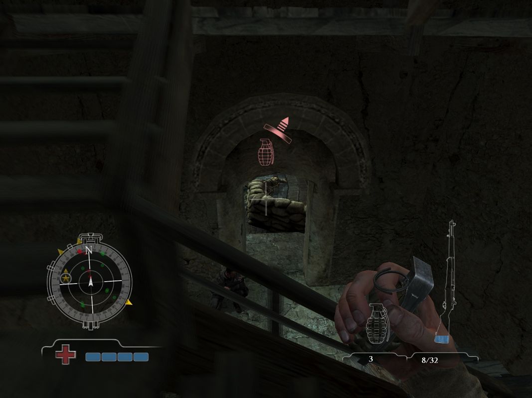 Medal of Honor: Airborne (Windows) screenshot: There is a hot grenade in the area.
