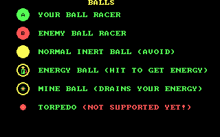 Ball Race (DOS) screenshot: A description sheet of the balls on the field