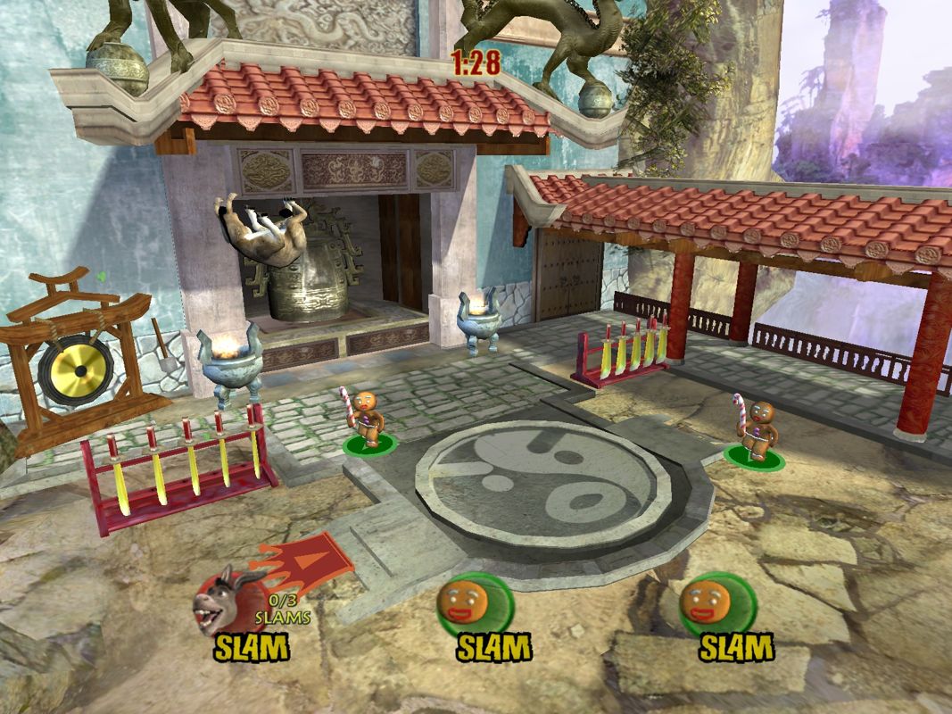 Shrek SuperSlam (Windows) screenshot: Donkey fights two Gingerbread Men.