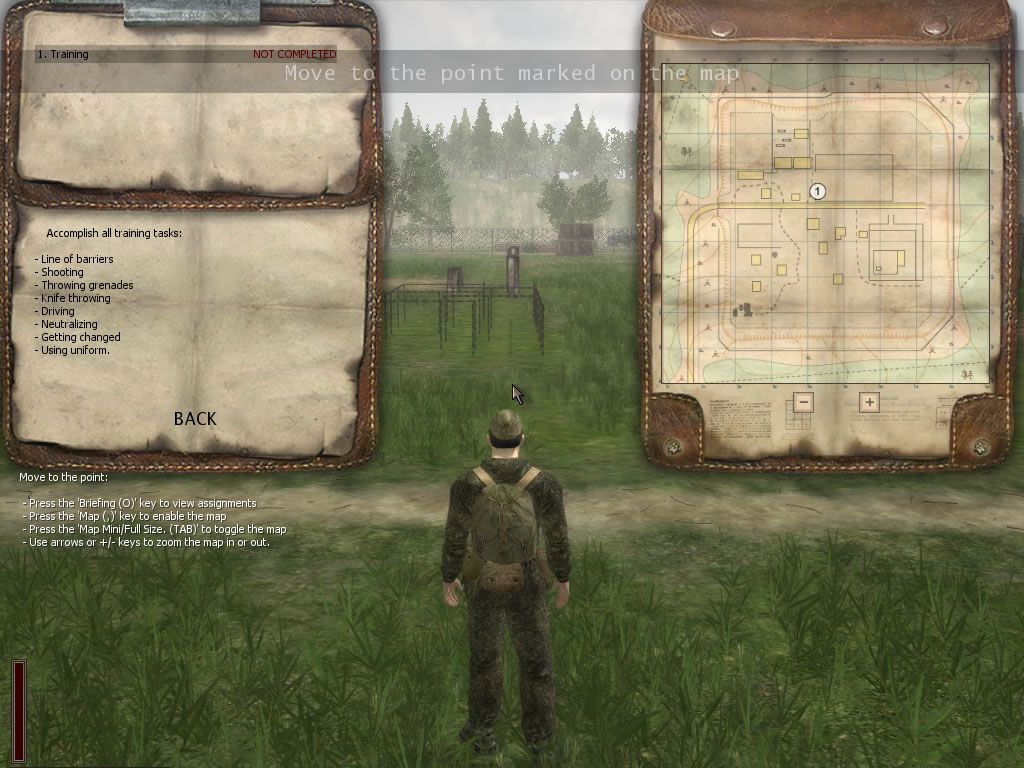 Death to Spies (Windows) screenshot: The tutorial with the objectives and map overlays shown.