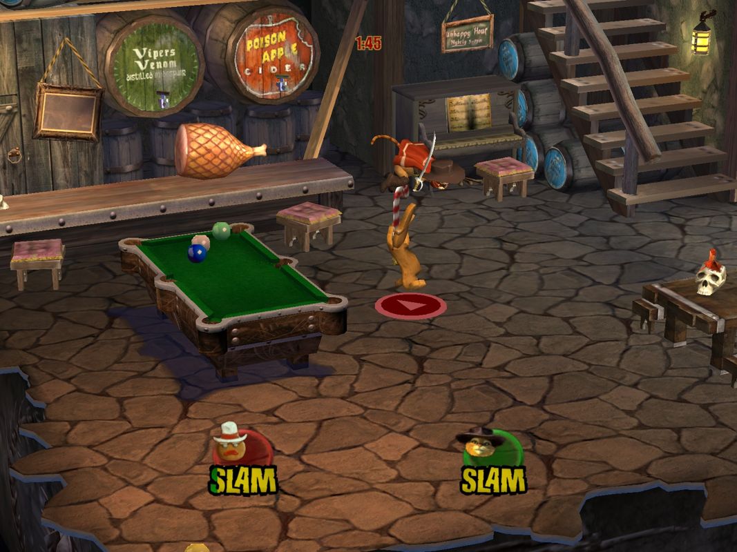 Shrek SuperSlam (Windows) screenshot: Gingerbread Man prepares to send his opponent on a journey through the air.