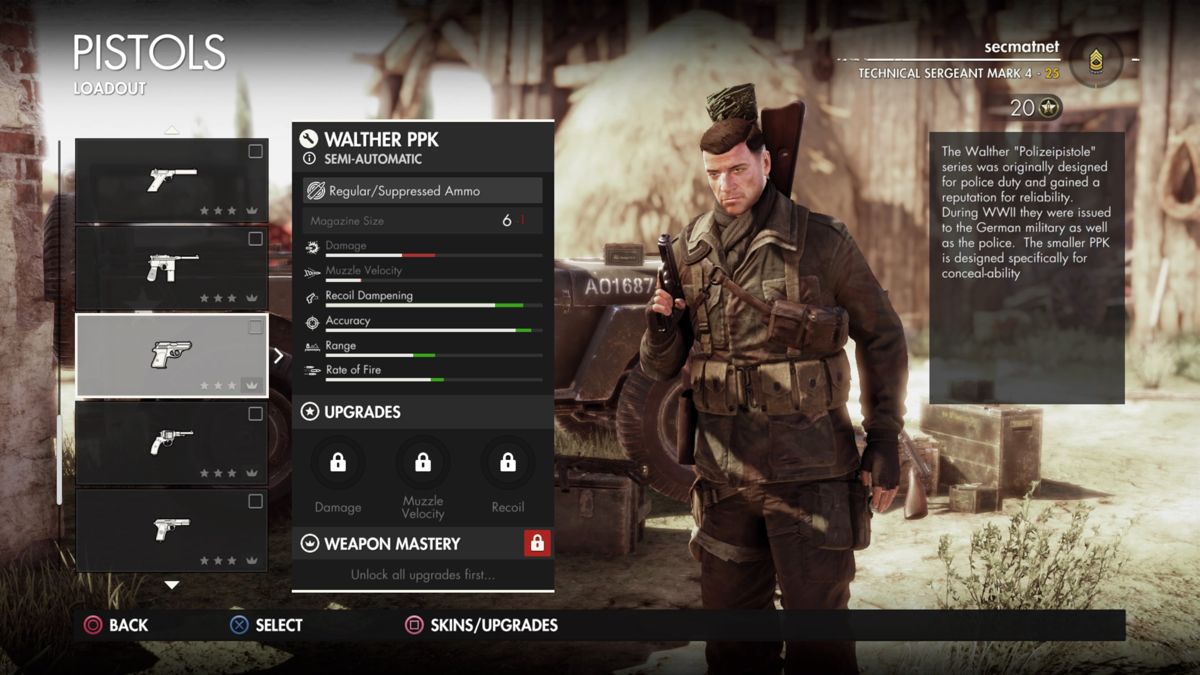 Sniper Elite 4: Italia - Urban Assault Expansion Pack (PlayStation 4) screenshot: Walther PPK info