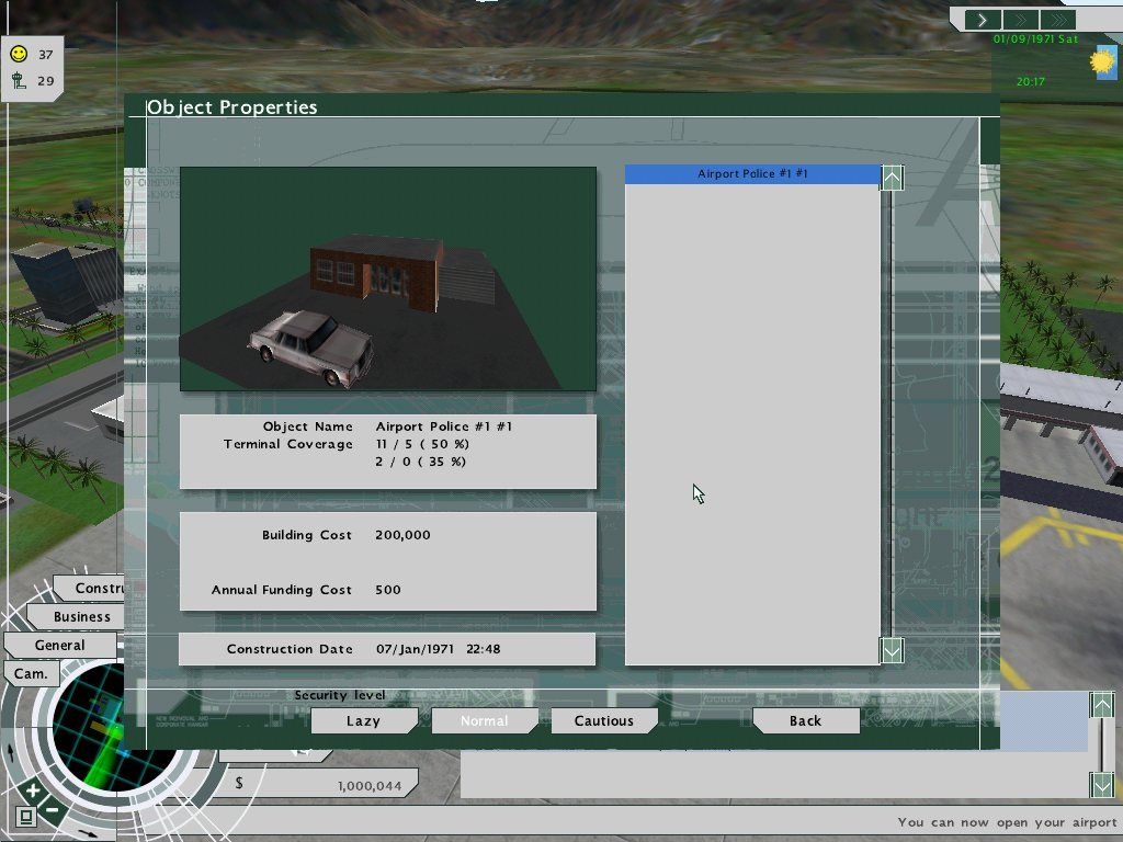 Airport Tycoon 3 (Windows) screenshot: Airport police properties menu