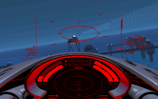 Inferno (DOS) screenshot: Flying a mission on a humid planet with large bodies of water.