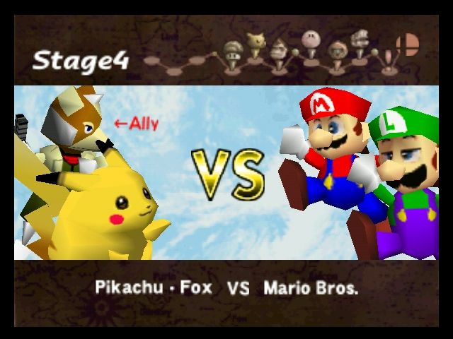 Super Smash Bros. (Nintendo 64) screenshot: Pikachu and Fox vs Mario Bros screen