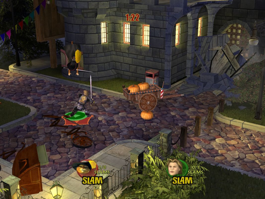 Shrek SuperSlam (Windows) screenshot: Prince Charming dodges Pussy-in-Boots.