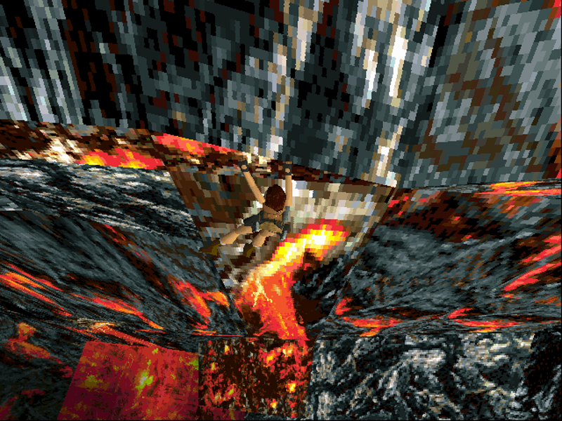 Tomb Raider: Gold (DOS) screenshot: Dangling above a cliff.