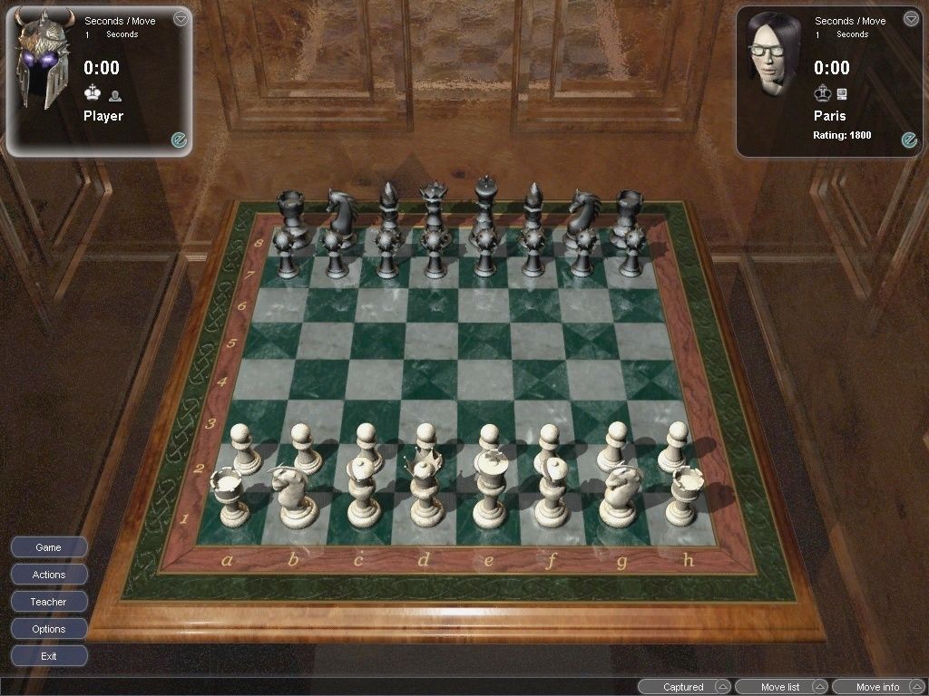 Hoyle Majestic Chess (Windows) screenshot: Single Player game board, w/Avatars