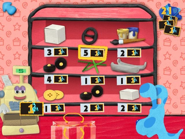Blue's Clues: Blue's 123 Time Activities (Windows) screenshot: Blue practices counting as she spends her hard-earned Blue dollars