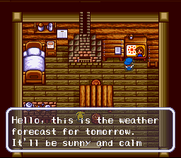 Harvest Moon (SNES) screenshot: Watch the local news for weather forecasts...unlike the real world, the weather forcast here is alway right.