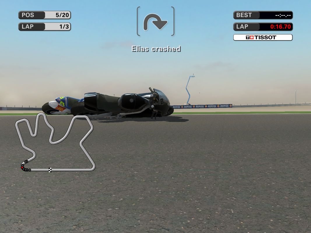 MotoGP '07 (Windows) screenshot: This accident was a MobyGames-exclusive.