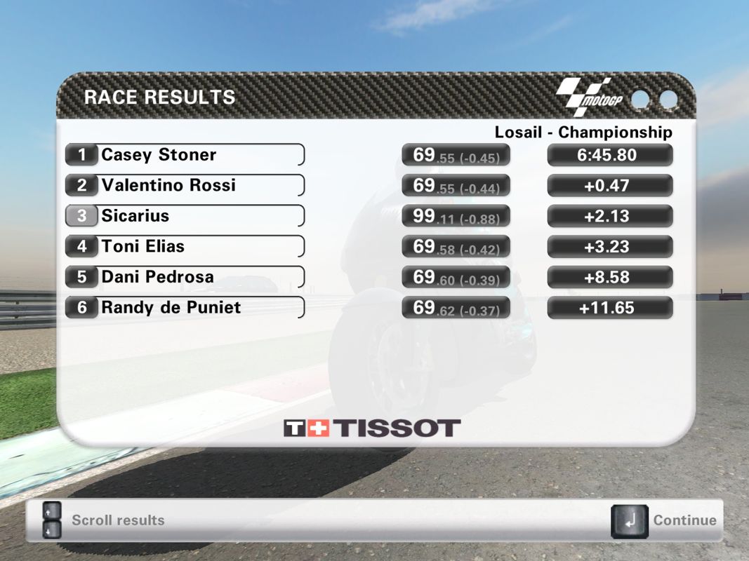 MotoGP '07 (Windows) screenshot: The end results come in.