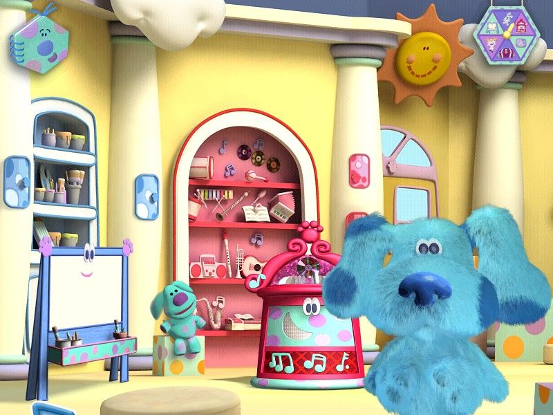 Blue's Room: Blue Talks! (Windows) screenshot: Blue's room, showing Doodleboard, Boogie Woogie, and Polka Dots behind her