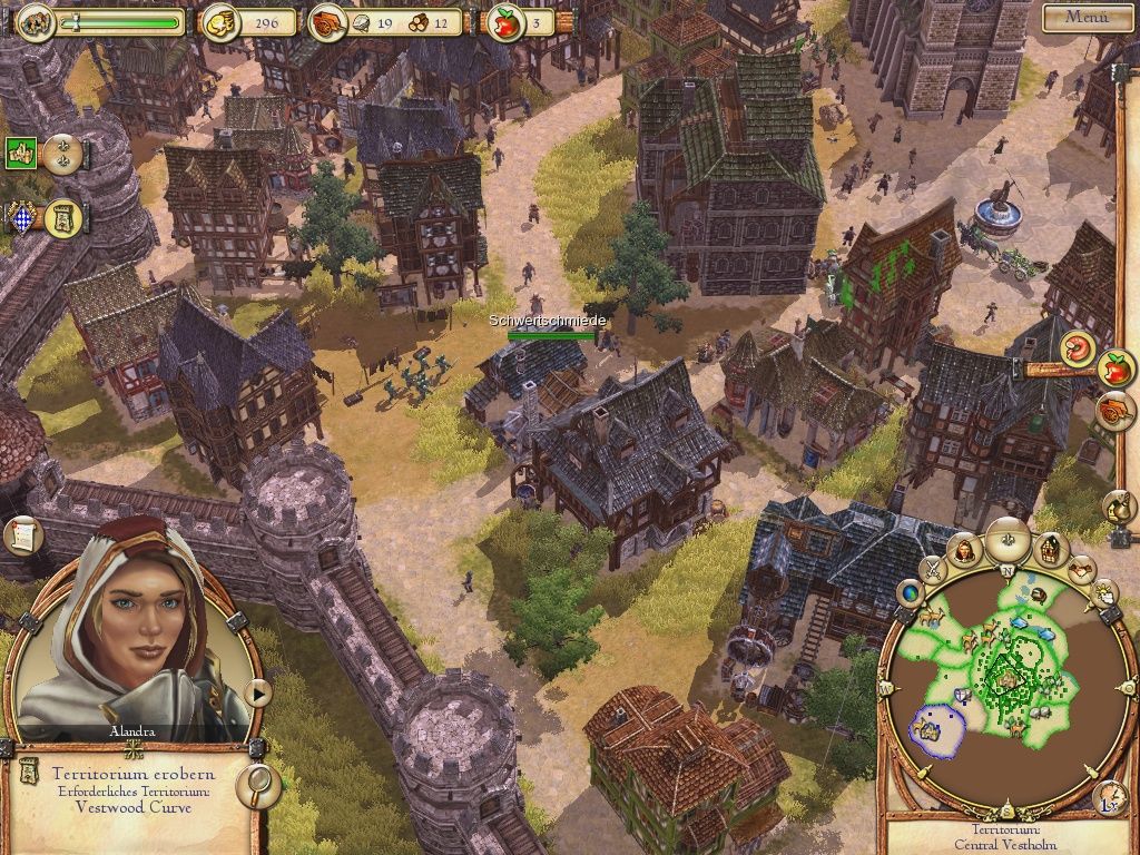 The Settlers: Rise of an Empire (Windows) screenshot: A batch of swordsmen travel around the city.