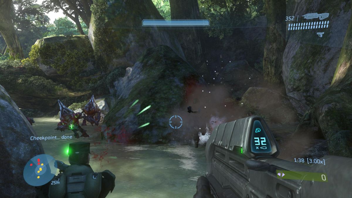 Halo 3 (Xbox 360) screenshot: My NPC buddy is helping me against those grunts.