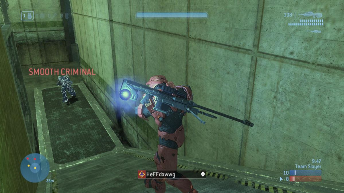 Halo 3 (Xbox 360) screenshot: That's a sticky grenade on the butt of his sniper rifle in this third-person shot. HeFFdawwg is about to have a bad day.