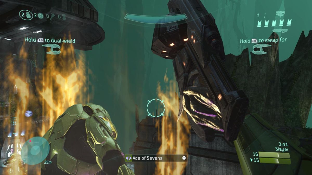 Halo 3 (Xbox 360) screenshot: The aftermath of a melee attack to the back using the new Mauler on Guardian.