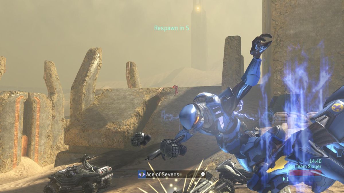 Halo 3 (Xbox 360) screenshot: Red there just lasered the player's warthog, killing both occupants. Note the unlockable variant helmet.