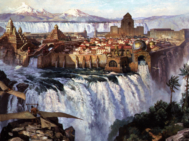 Dinotopia (DOS) screenshot: Waterfall city