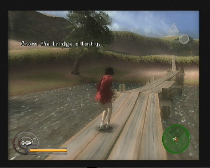Red Ninja: End of Honor (PlayStation 2) screenshot: Don't make a sound. Or fall in the water. (Just push the stick a bit forward. Not fully forward.)