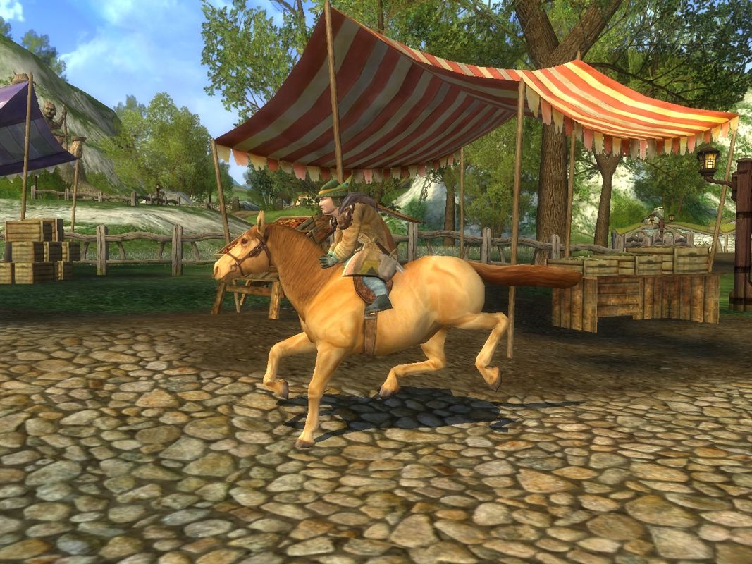 The Lord of the Rings Online: Shadows of Angmar (Windows) screenshot: Horse riding through the Shire (a quick method of transportation between regions that saves you a lot of time)