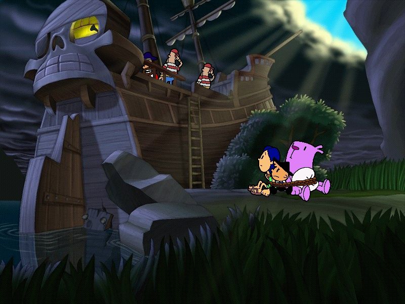 Moop and Dreadly in the Treasure on Bing Bong Island (Windows) screenshot: Caught by pirates