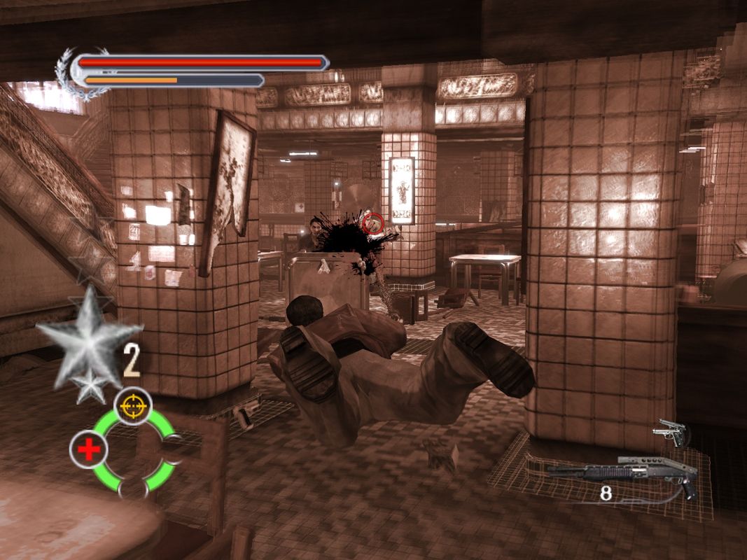 Stranglehold (Windows) screenshot: This blood cloud can only mean that Tequila hit another one straight into the face.