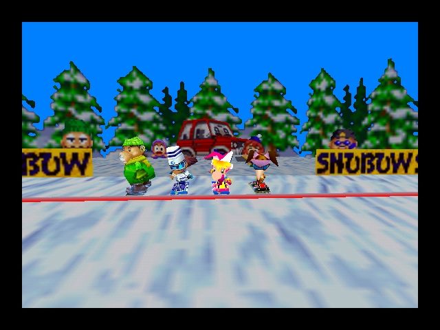 Snowboard Kids (Nintendo 64) screenshot: Starting the race in Big Snowman.