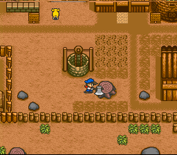 Harvest Moon (SNES) screenshot: Chopping wood helps clear up space as well as adding building materials for either a new fence or for a house extension.