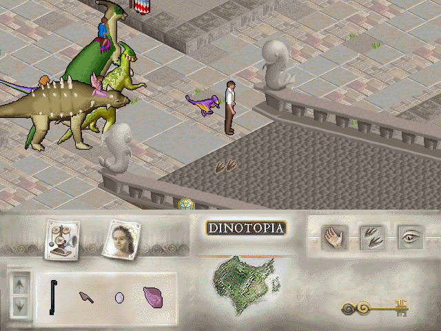 Dinotopia (DOS) screenshot: Bridge and dinos