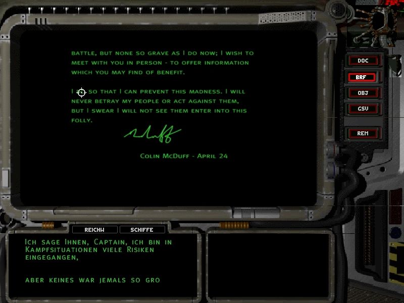 Independence War: The Starship Simulator (Windows) screenshot: Mission briefings are fully translated in German.