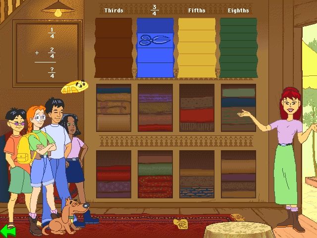 The ClueFinders: 4th Grade Adventures (Windows) screenshot: This shopkeeper needs help measuring and cutting lengths of fabric