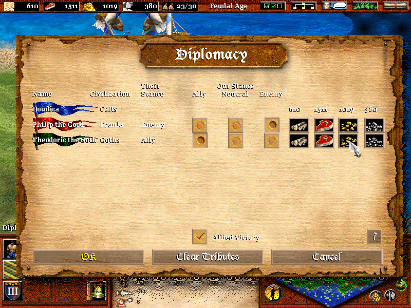 Age of Empires II: The Age of Kings (Windows) screenshot: Diplomacy